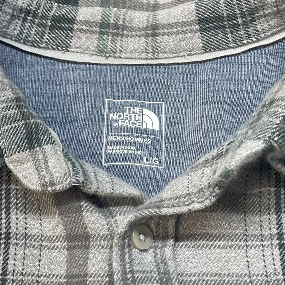 The North Face Mens Grey Green Plaid Flannel Button Down Shirt Large Long Sleeve